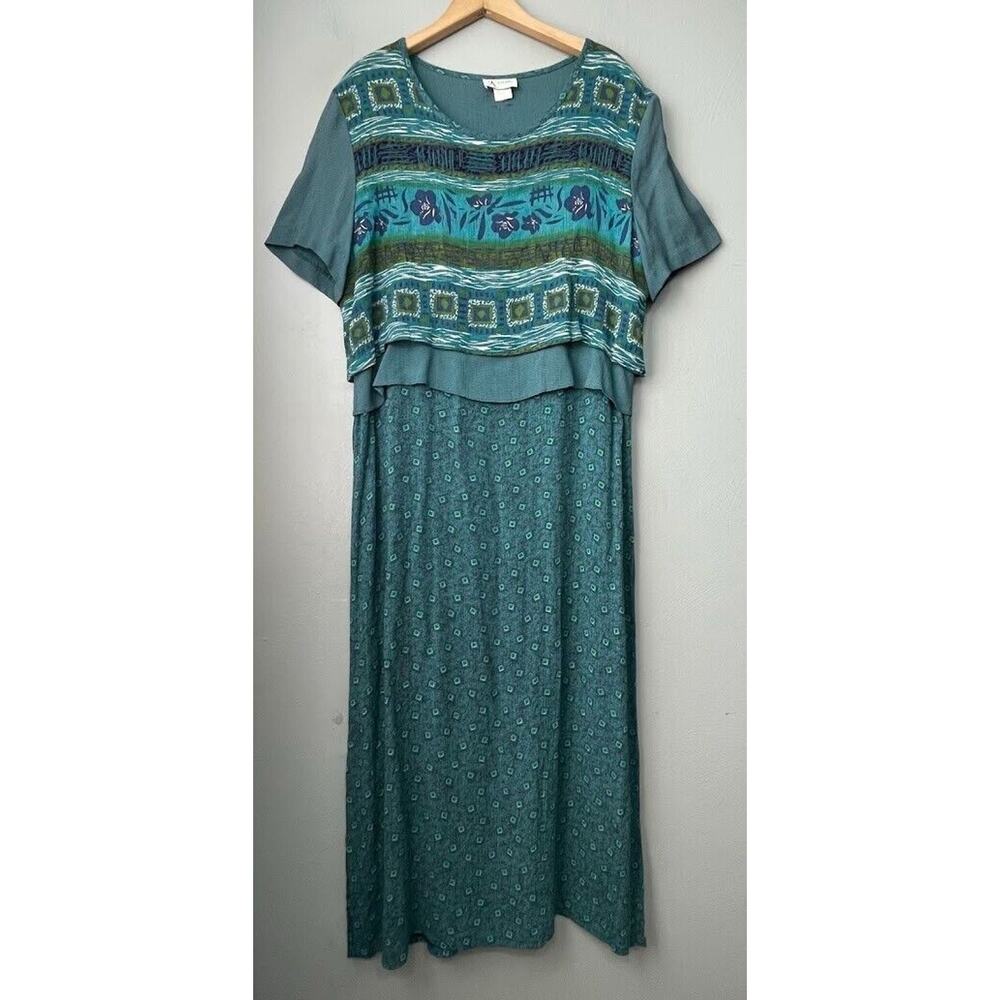 K Studio Dress Size 14 Blue Green Maxi Modest Artsy Cottage Country Lagenlook